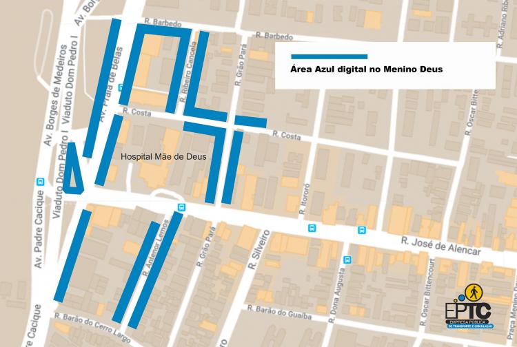 Mapa do novo sistema de estacionamento rotativo da cidade, a Área Azul digital, no Menino Deus