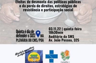 Com Fome não há Saúde é o tema da plenária do CMS/POA desta quinta (3) às 18h30min
