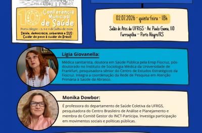 Card da 10ª Conferência Municipal de Saúde de Porto Alegre com o anúncio das conferencistas da etapa final da Conferência Eixo 3.