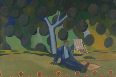 “Man in the park” , óleo sobre tela de 1965 de autoria de Michael Buhler é uma das obras em exposição