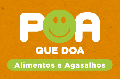 Logotipo da Campanha POA que Doa, com desenhos de alimentos e de roupas.