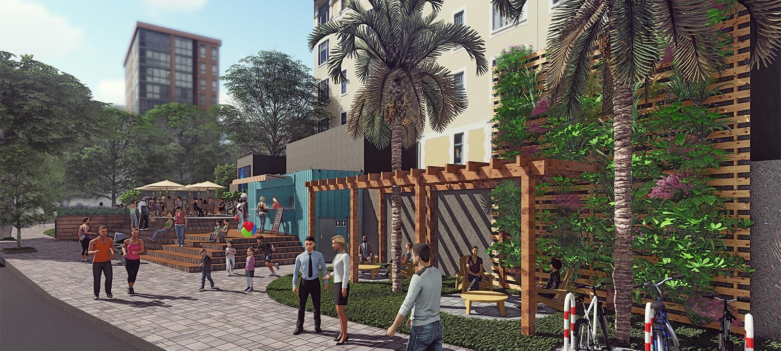 Ilustração 3D de terrário urbano composto por uma elevada com ombrelones e um contêiner de venda de refrescos e por um ripado de madeira sobre a grama com duas pequenas mesas